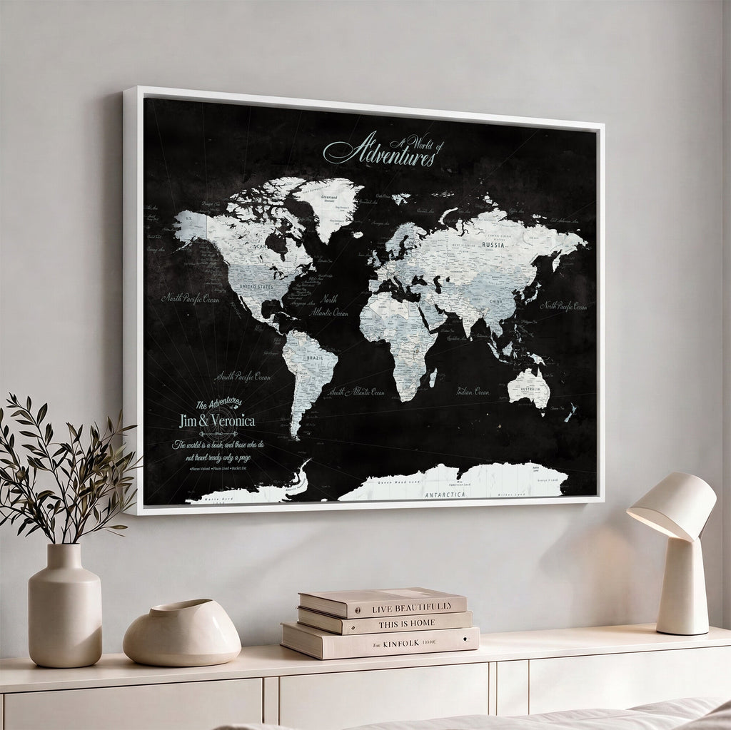 Custom Beige World Travel Map Wall Art with Pins, Places Visited Tracker, Bedroom and Home Office Decor
