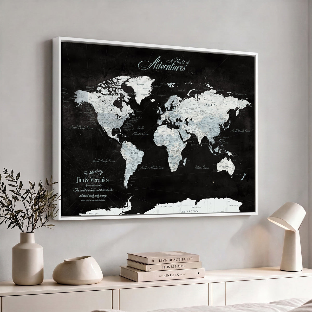 Custom Beige World Travel Map Wall Art with Pins, Places Visited Tracker, Bedroom and Home Office Decor