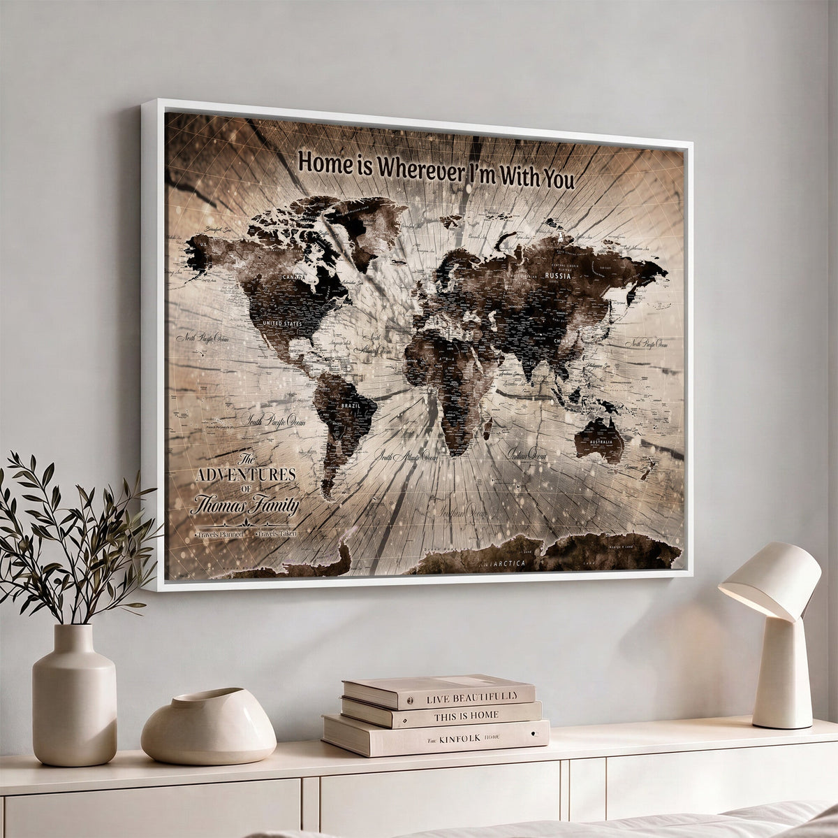 Personalized Push Pin World Map Wall Art Canvas Print, Customizable Framed Travel Map - NEWMAP-085
