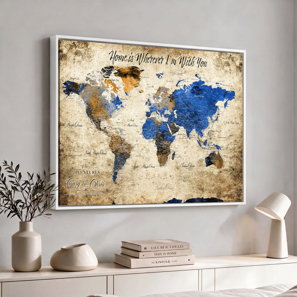 Personalized Framed Beige World Map Canvas with Push Pins, Honeymoon and Anniversary Gift, Living Room and Home Office Decor