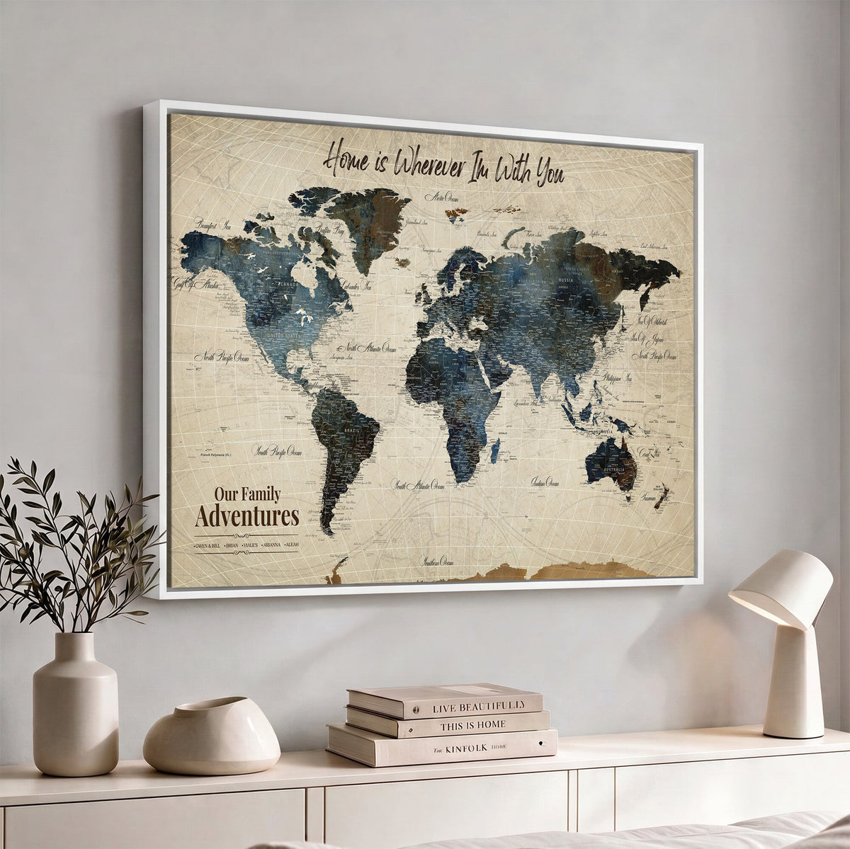 Personalized Framed Black Modern Push Pin Travel Map Canvas Print, Family Travel Tracker, Home Office and Entryway Decor