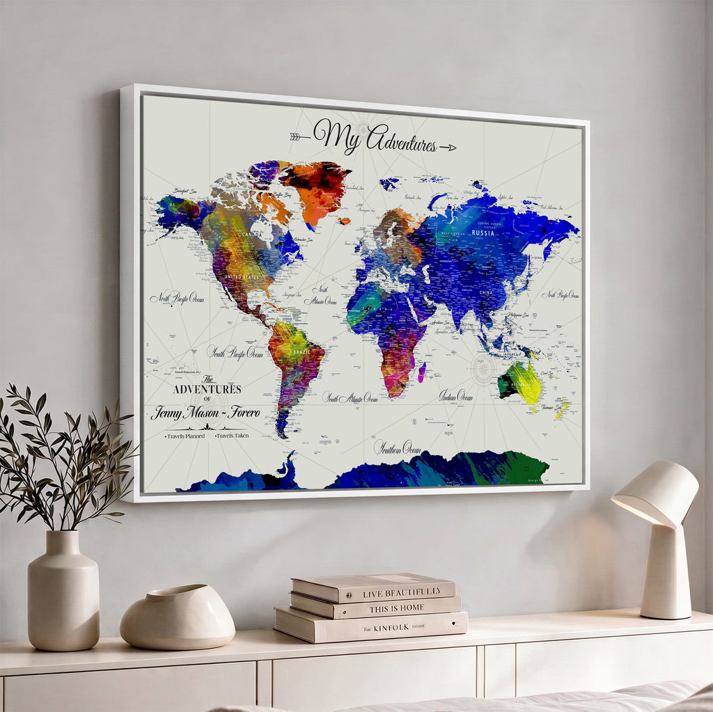 Detailed Custom Framed Beige Modern World Map Canvas with Push Pins, Honeymoon and Anniversary Gift, Dining Room and Home Office Decor