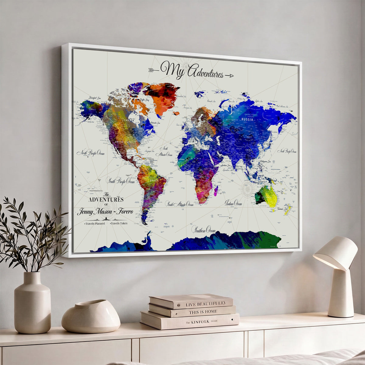 Detailed Custom Framed Beige Modern World Map Canvas with Push Pins, Honeymoon and Anniversary Gift, Dining Room and Home Office Decor