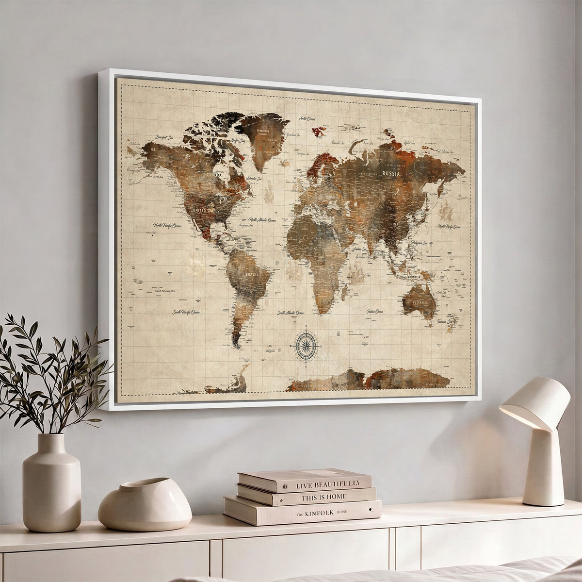 Vintage World Map Wall Art Canvas Print for Living Room, Office and Study