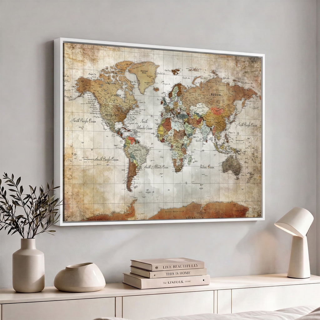 Custom Framed Modern Push Pin World Map Wall Art, Places Visited Tracker, Home Office and Entryway Decor