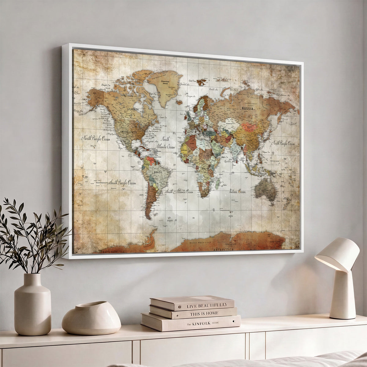 Custom Framed Modern Push Pin World Map Wall Art, Places Visited Tracker, Home Office and Entryway Decor