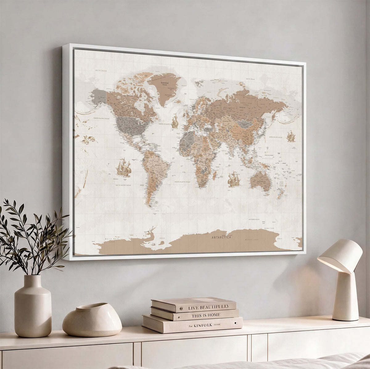 Framed Large World Map Canvas Print for Office Decor