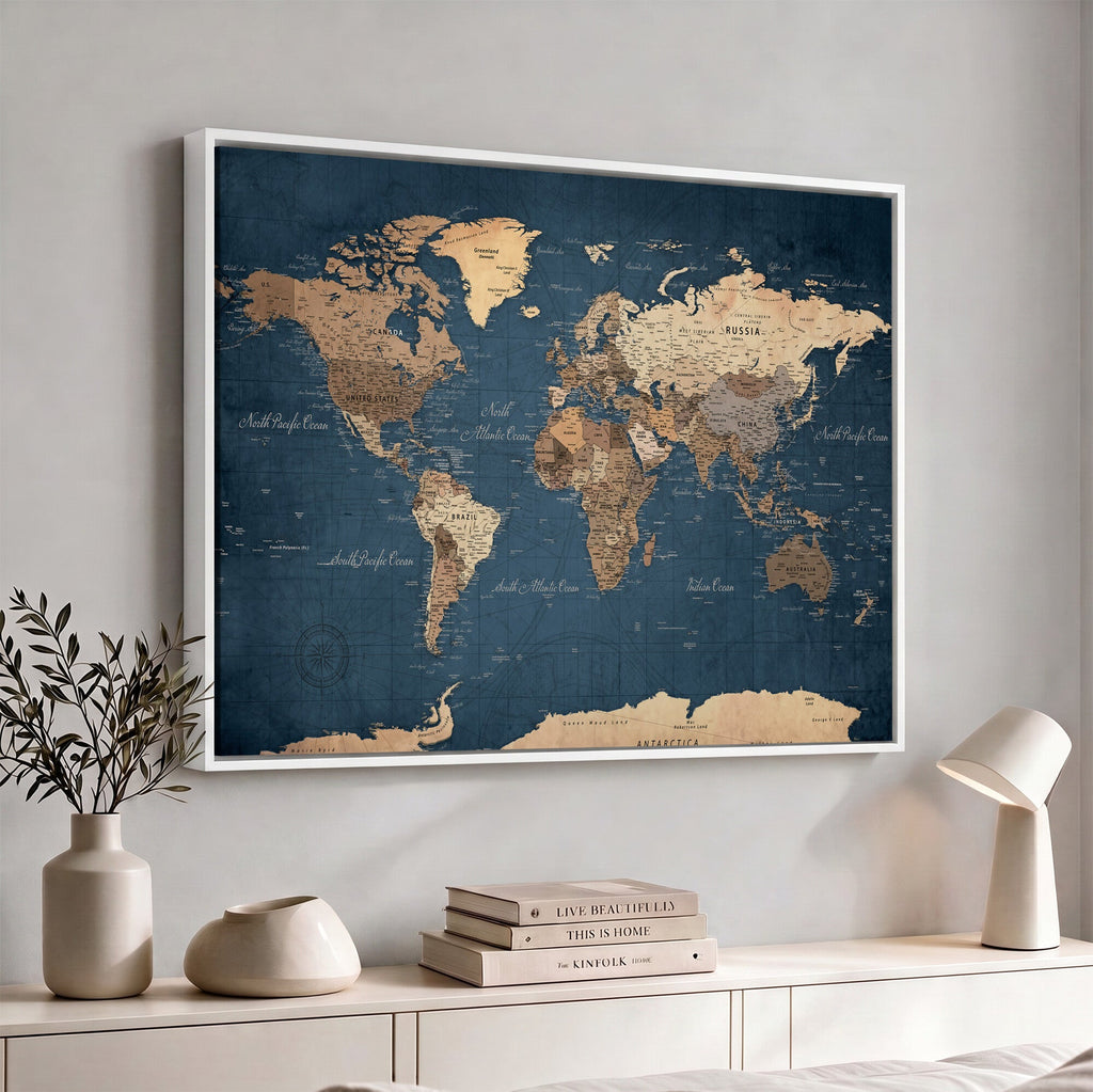 Navy Blue World Map Canvas Print | Framed Travel Map Wall Art