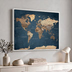 Navy Blue World Map Canvas Print | Framed Travel Map Wall Art