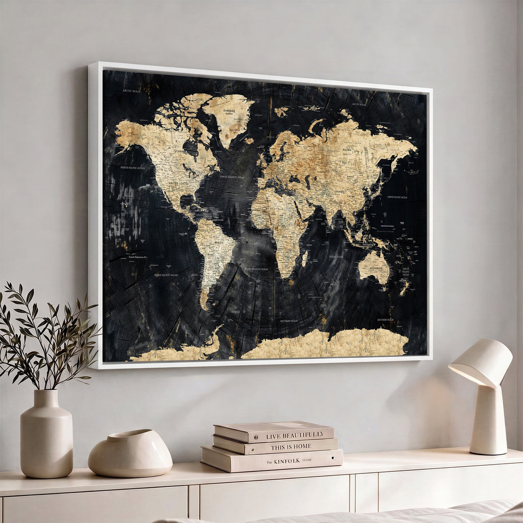 Framed Large World Map Wall Art Canvas Print for Living Room