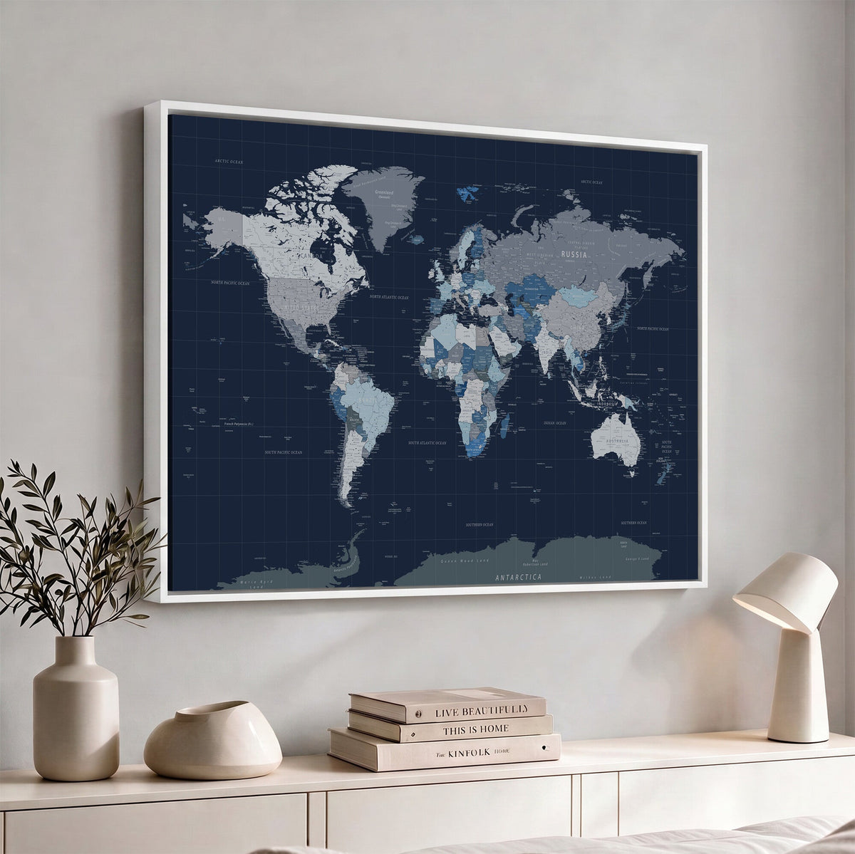 Blue Detailed World Map Wall Art Canvas Print | Modern Framed Map