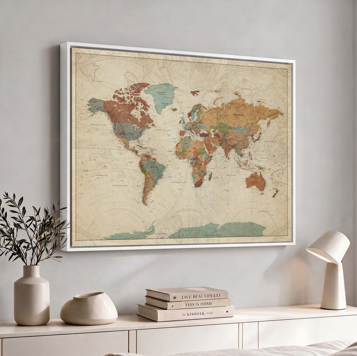 Vintage World Map Canvas Wall Art Print | Framed Modern World Map