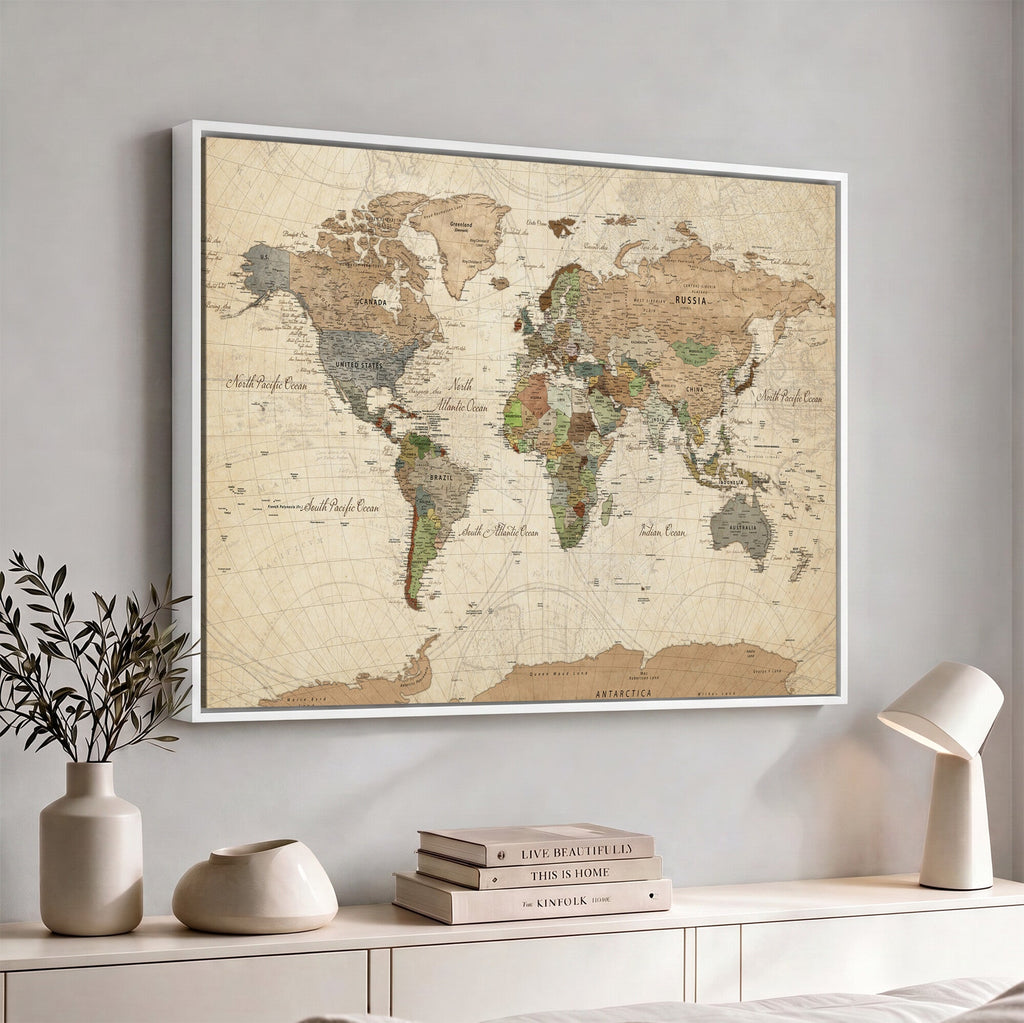 Framed World Map Wall Art for Home and Office Decor