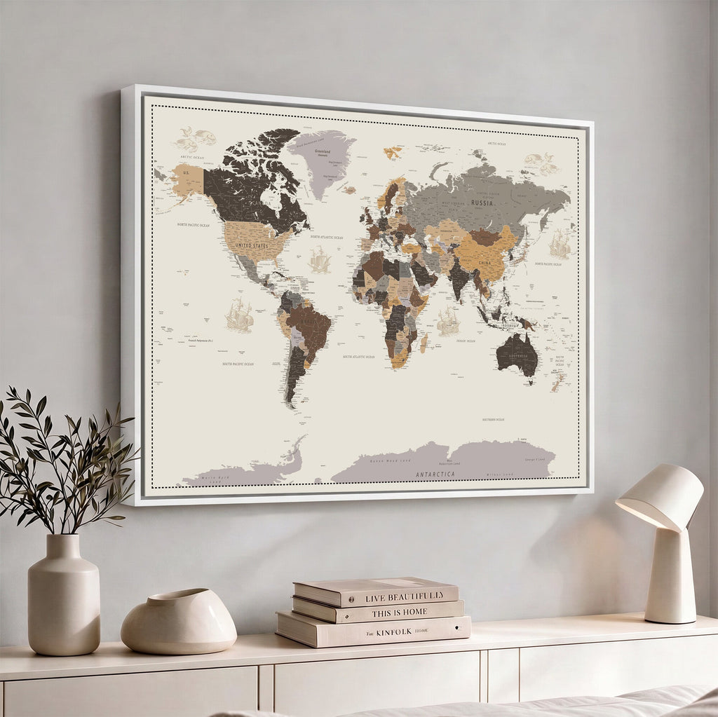Custom Beige Modern Push Pin World Map Canvas Print, Places Visited Tracker, Bedroom and Study Decor