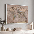 Grunge World Map Canvas Wall Art - Vintage Aged World Map with Golden Tones