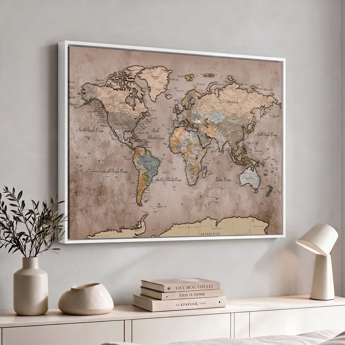Grunge World Map Canvas Wall Art - Vintage Aged World Map with Golden Tones
