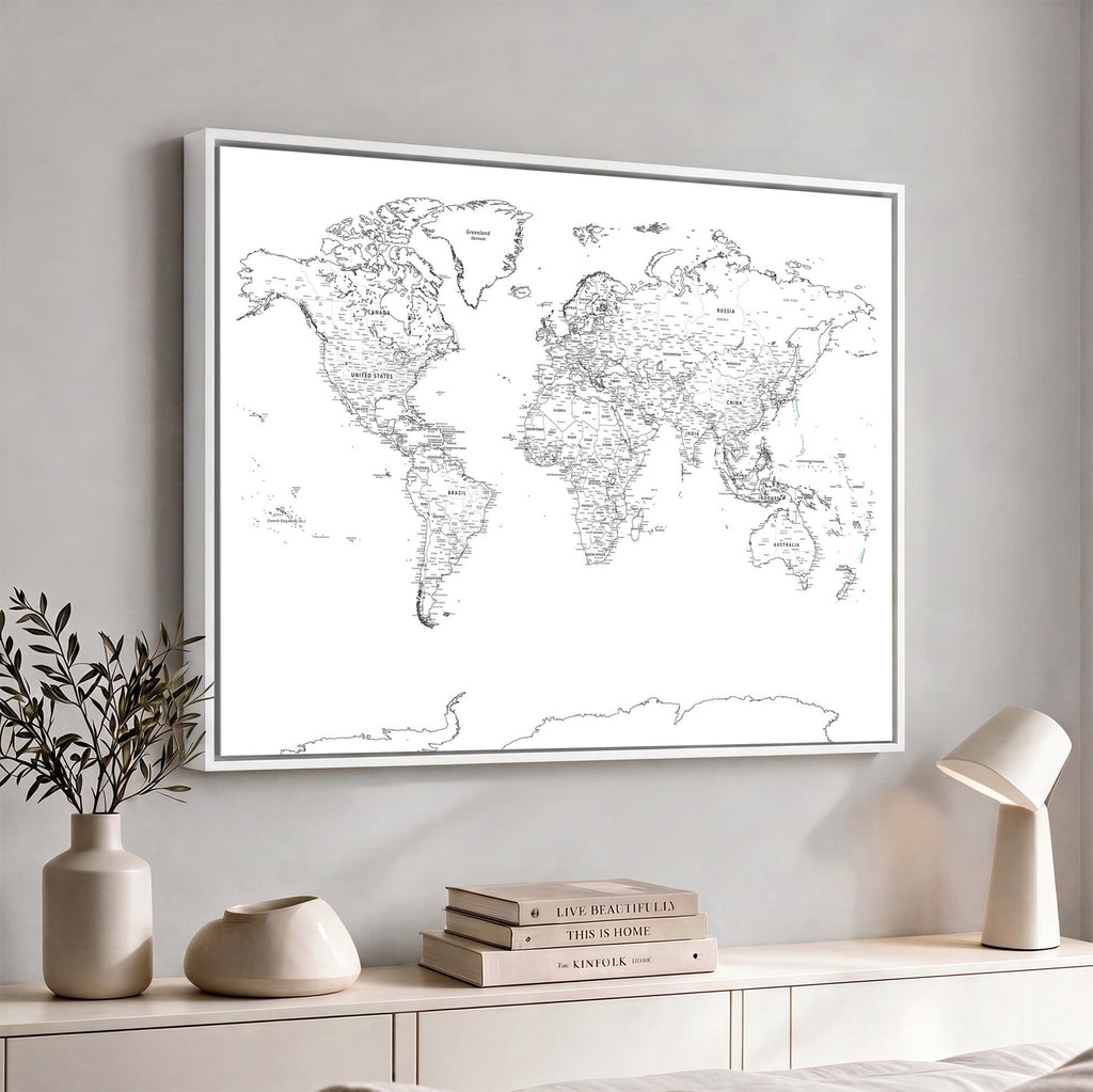 World Map Canvas Print, Framed Modern Detailed Map of the World for Home or Office