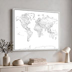 World Map Canvas Print, Framed Modern Detailed Map of the World for Home or Office