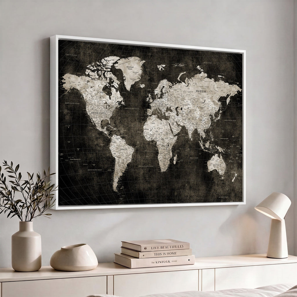 Vintage World Map Wall Art Canvas Print | Framed Large Map Wall Art