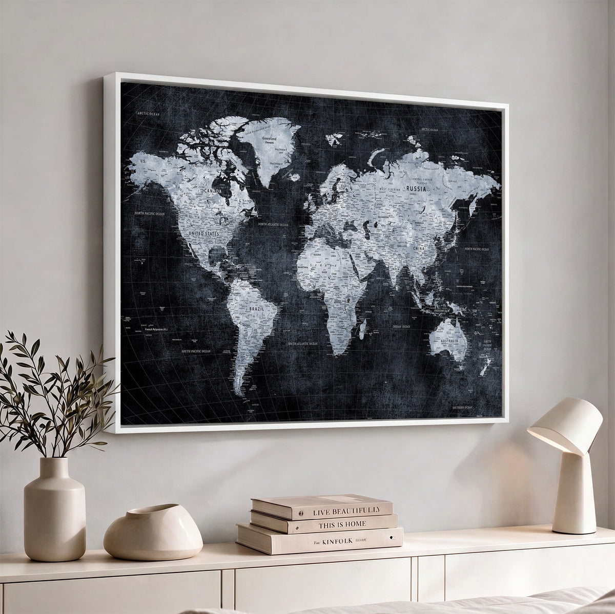 Black World Map Canvas Print | Detailed Map for Couples and Anniversary Gift