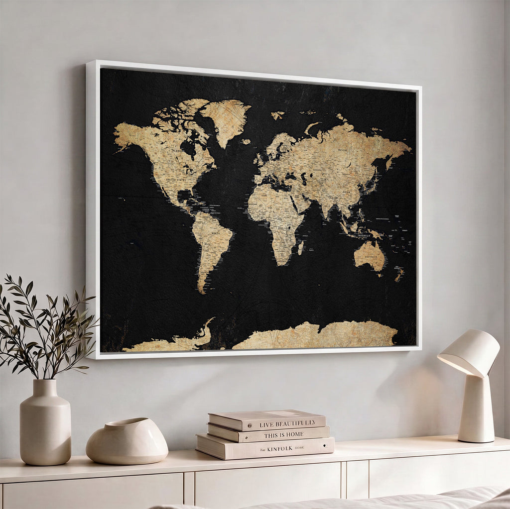 Beige World Map Canvas Wall Art Print, Minimal Black and Beige Map