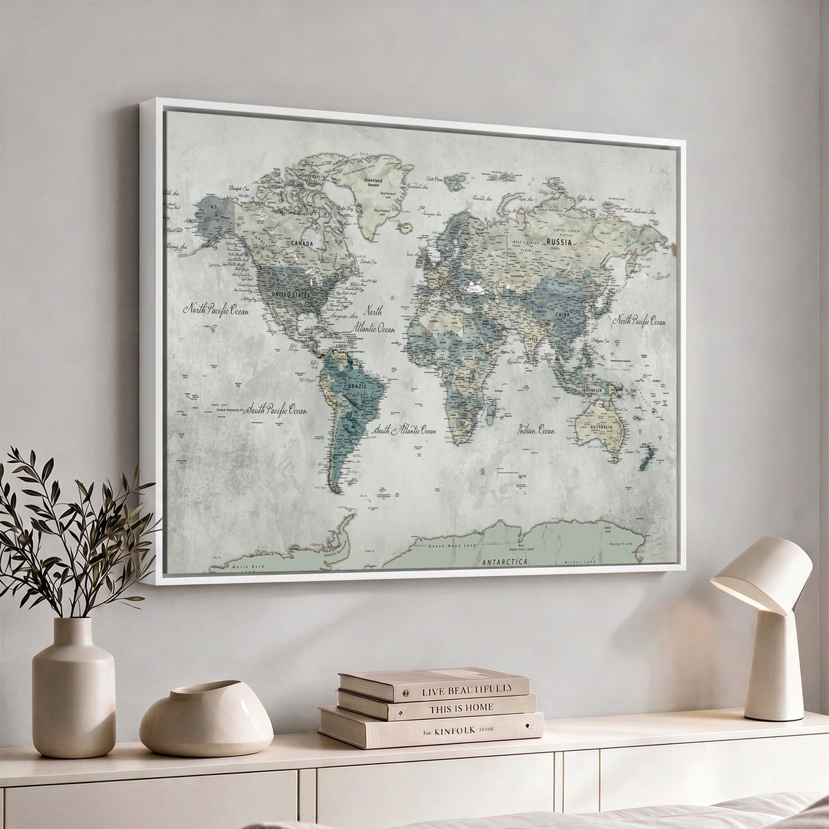 Neutral Vintage World Map Canvas Wall Art Print, Classic Map Artwork