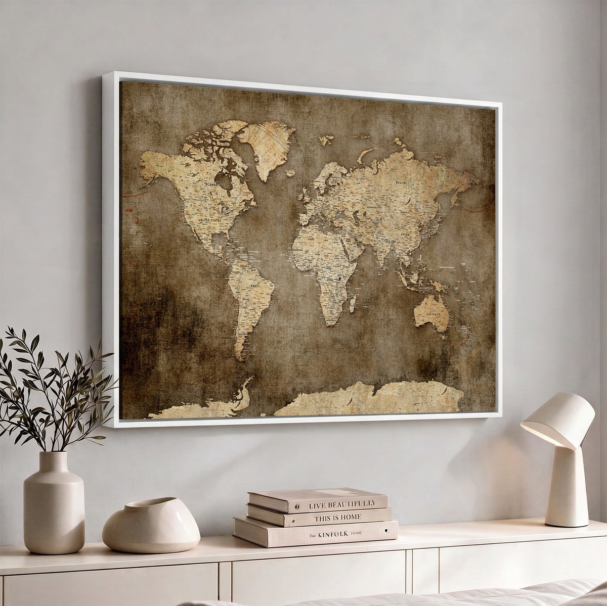 Dark Vintage World Map Canvas Wall Art Print, Antique Map Artwork