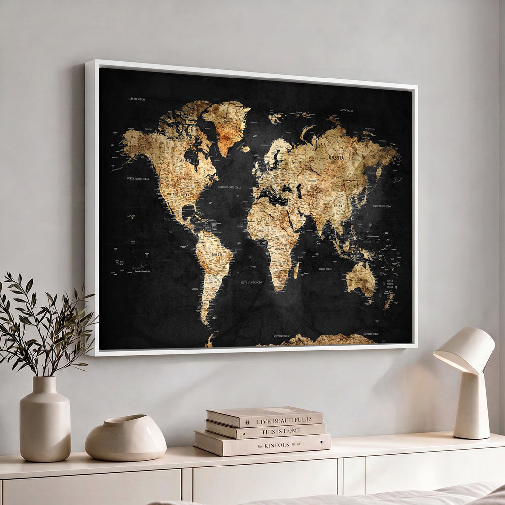 World Map Canvas Wall Art with Famous Landmarks | Framed Travel Map