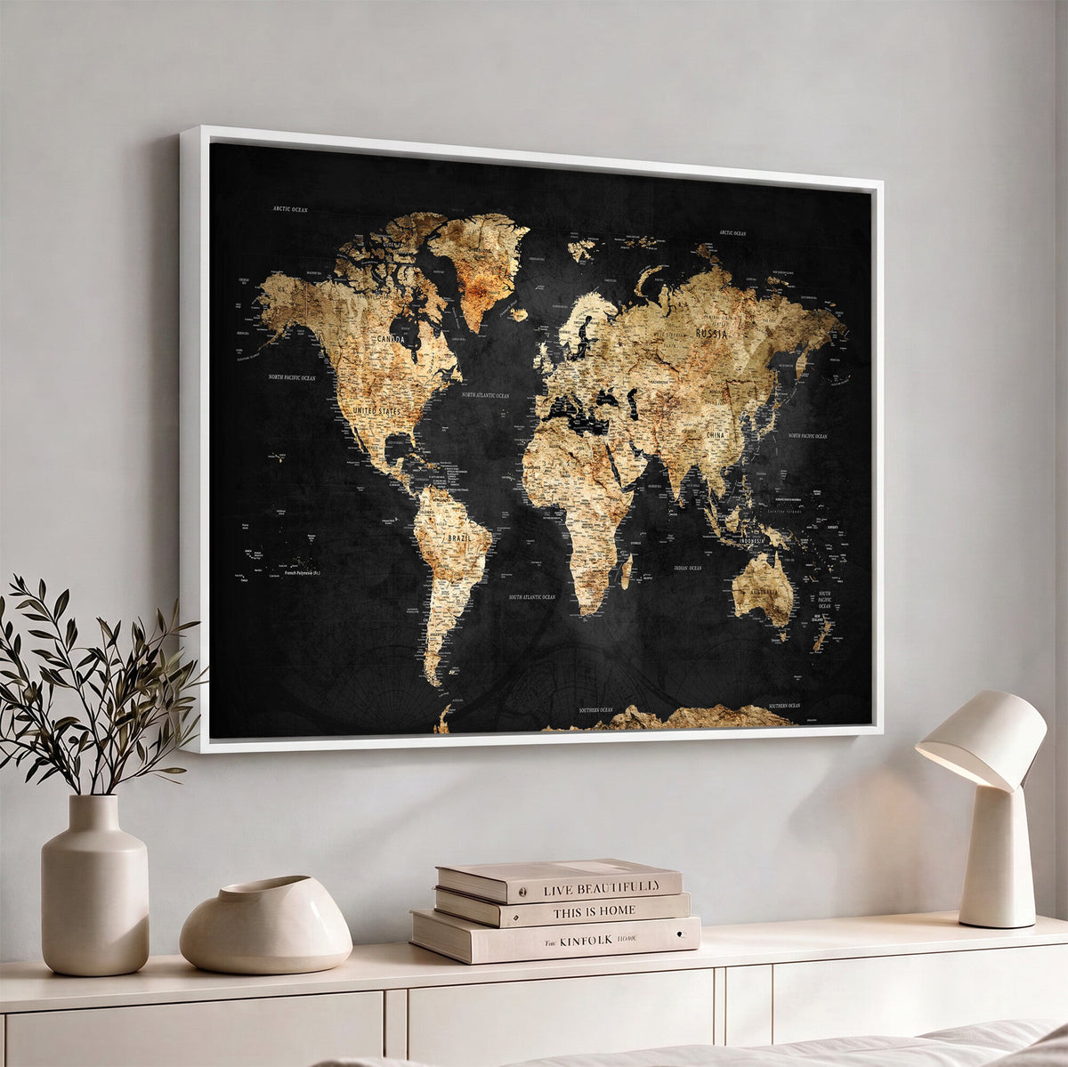 World Map Canvas Wall Art with Famous Landmarks | Framed Travel Map
