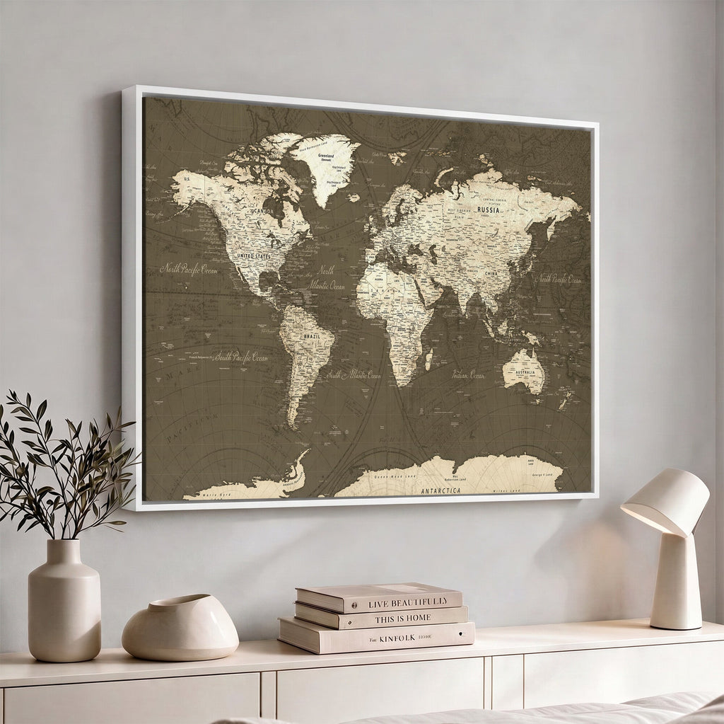 Vintage World Map Canvas Print | Framed Travel Map Wall Art for Couples