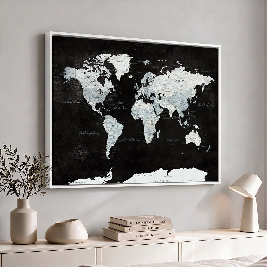 World Map Canvas Print | Framed Push Pin Wall Art, Color Splash Travel Map