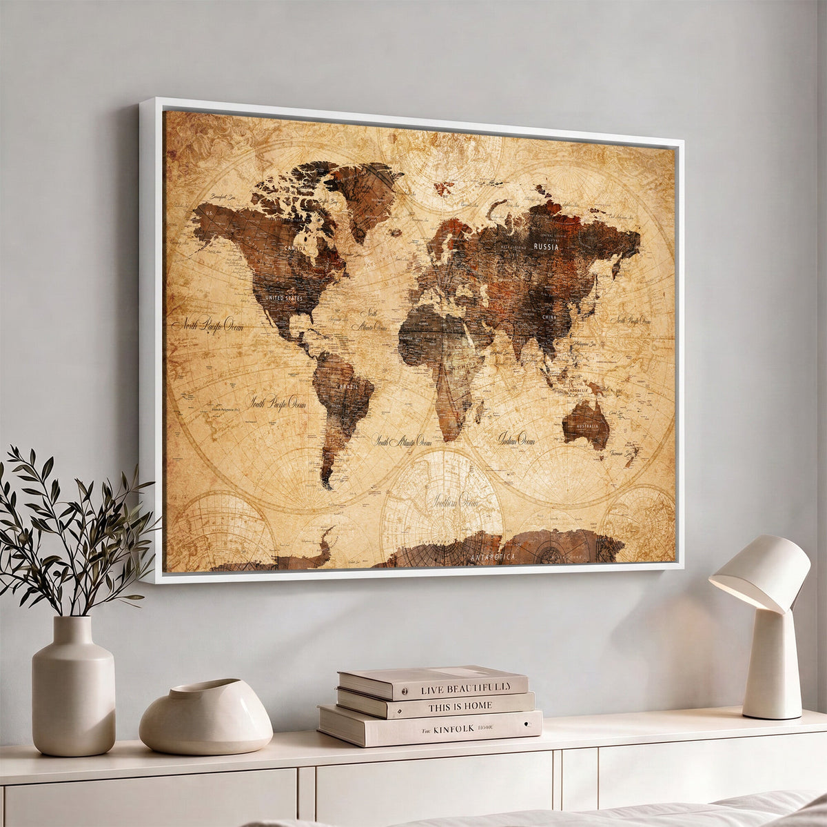 Modern Red and Gray World Map Canvas Print | Framed Wall Art