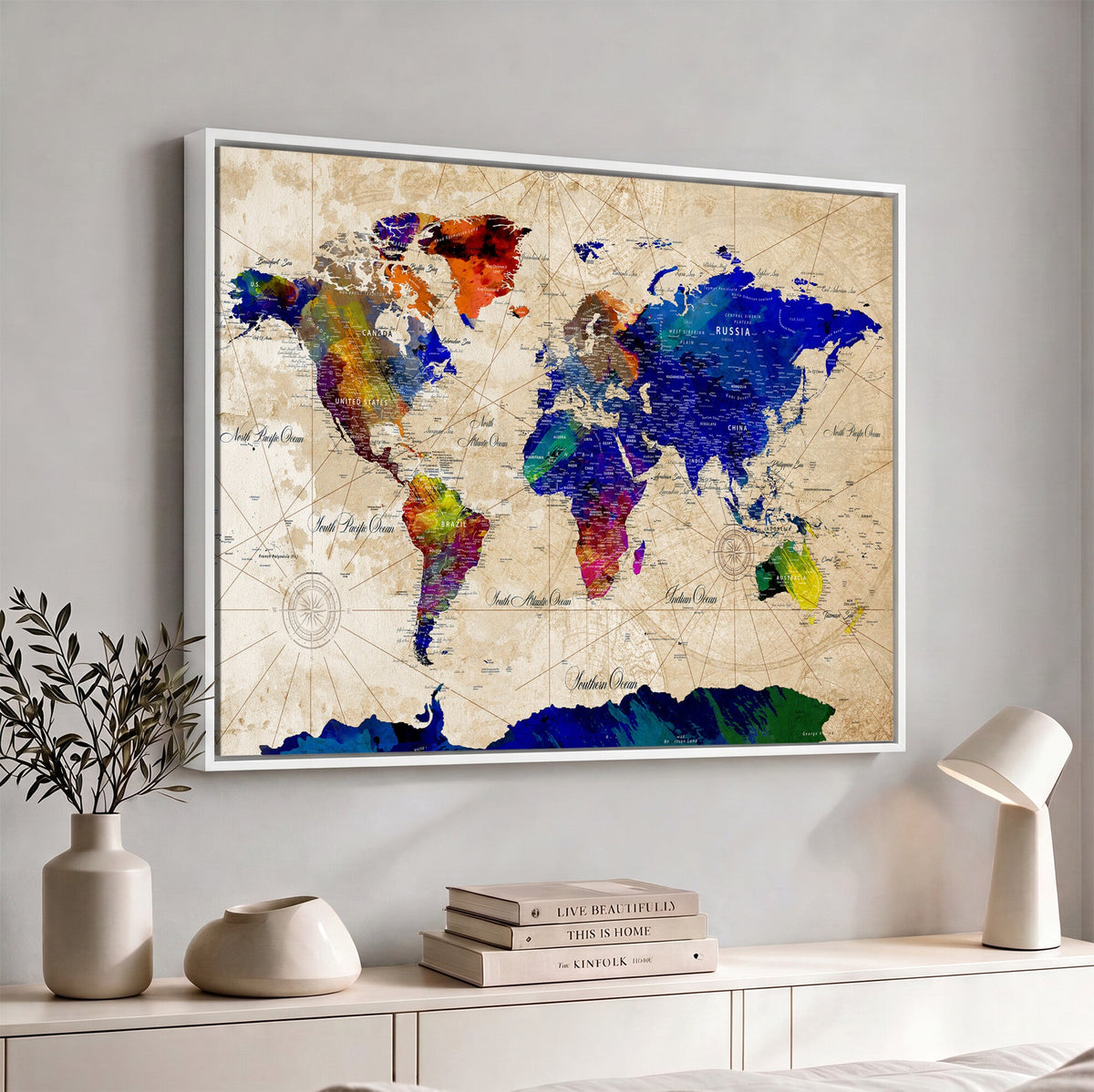 Watercolor World Map Canvas Print | Framed Wall Art for Couples