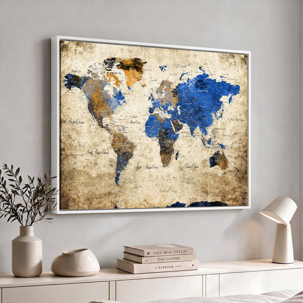 World Map Canvas Print | Colorful Abstract Travel Map, Framed Wall Art