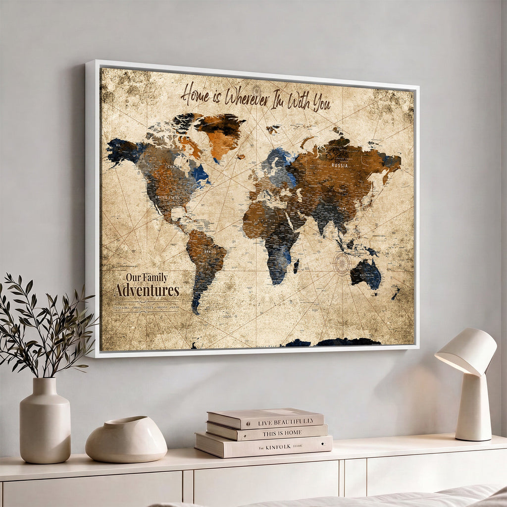World Map Wall Art | Rustic Earth Tone Canvas Print, Antique Travel Map