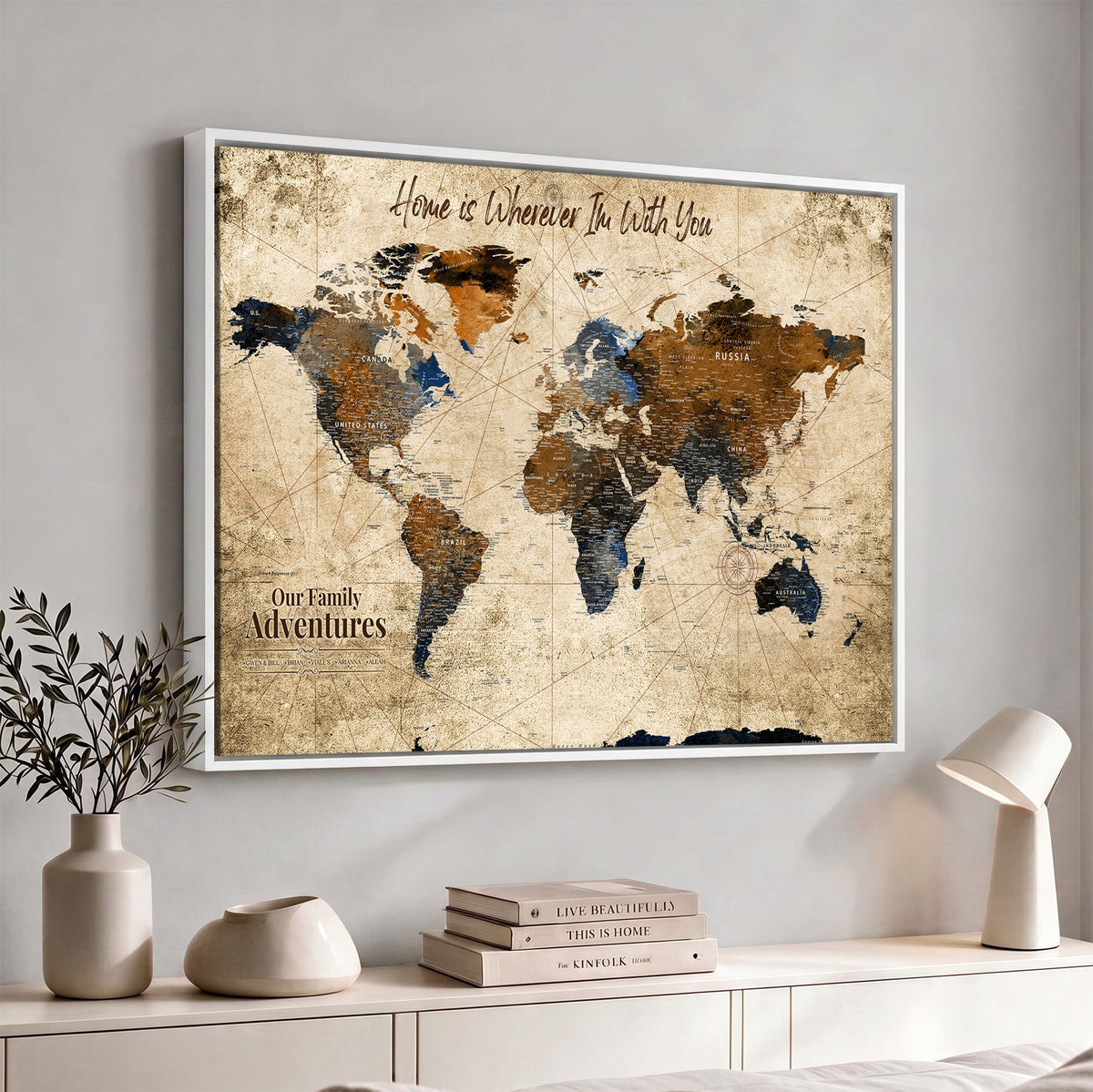 World Map Wall Art | Rustic Earth Tone Canvas Print, Antique Travel Map