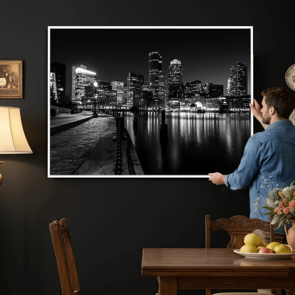 Boston Wall Art Canvas Print, Boston City Downtown Night Cityscape