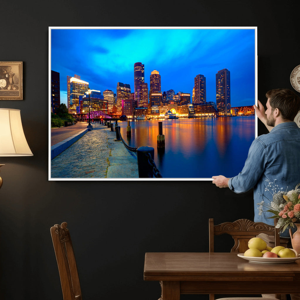 Boston Wall Art Canvas Print, Boston City Downtown Night Cityscape