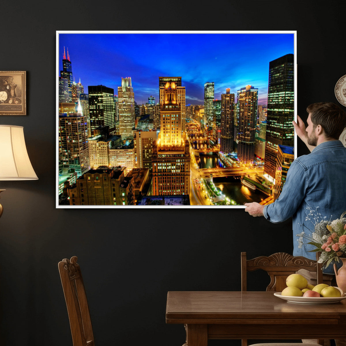 Chicago Wall Art Canvas Print - Chicago City Downtown Night Cityscape