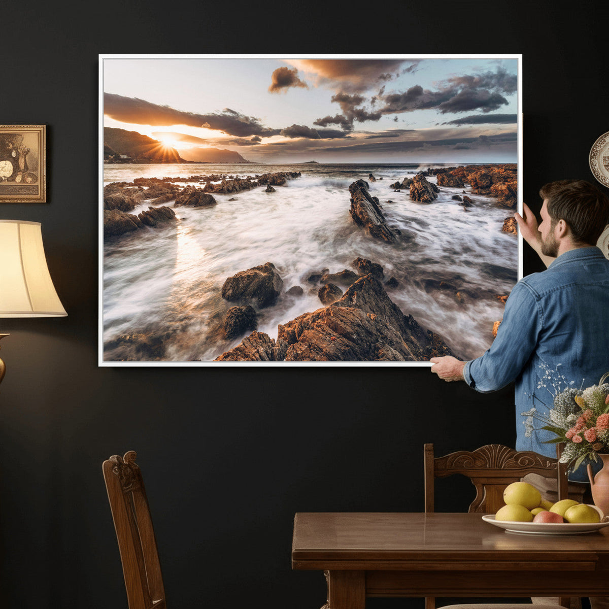 Rocky Coast Ocean Sunset Wall Art Canvas Print, Dramatic Seascape Nature Decor