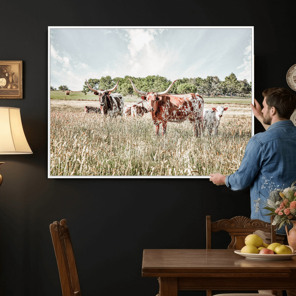 Texas Longhorn Cattle Wall Art Canvas Print, Western Ranch Landscape Decor