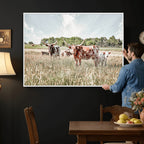 Texas Longhorn Cattle Wall Art Canvas Print, Western Ranch Landscape Decor