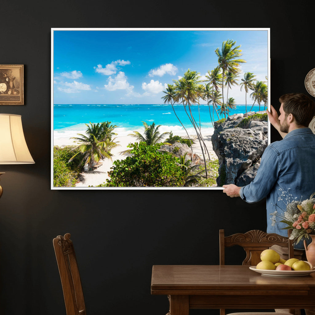 Tropical Beach Wall Art Canvas Print, Palm Tree Ocean Landscape Photography