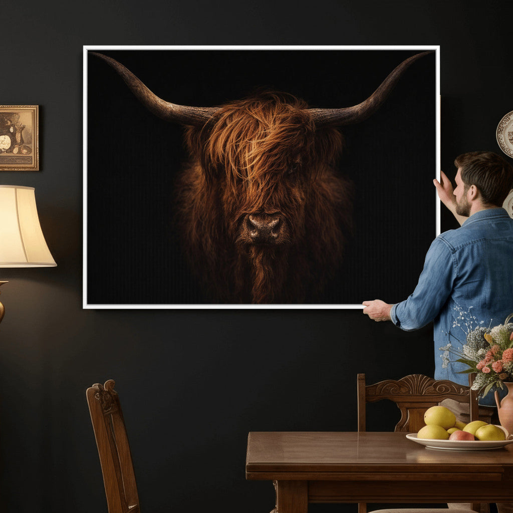 Highland Cow Wall Art Canvas Print | Moody Dark Rustic Farmhouse Portrait