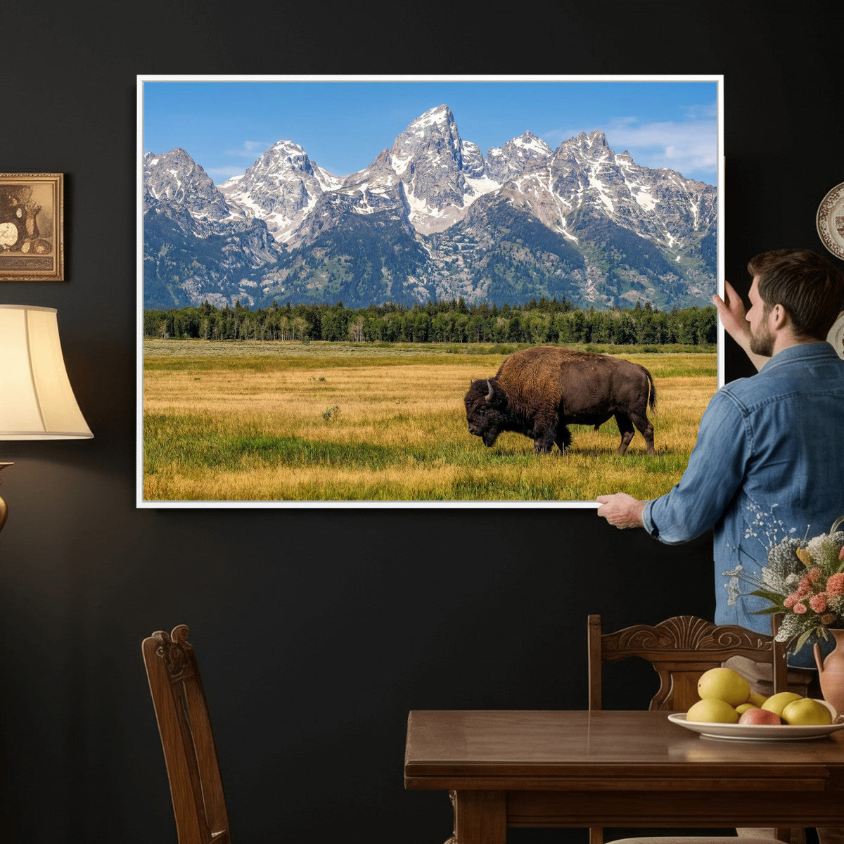 Bison in Mountain Landscape Wall Art Canvas Print, Western Decor