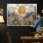 Boho Mountain Landscape Large Wall Art, Horizontal Gold Sun and Flowers Print