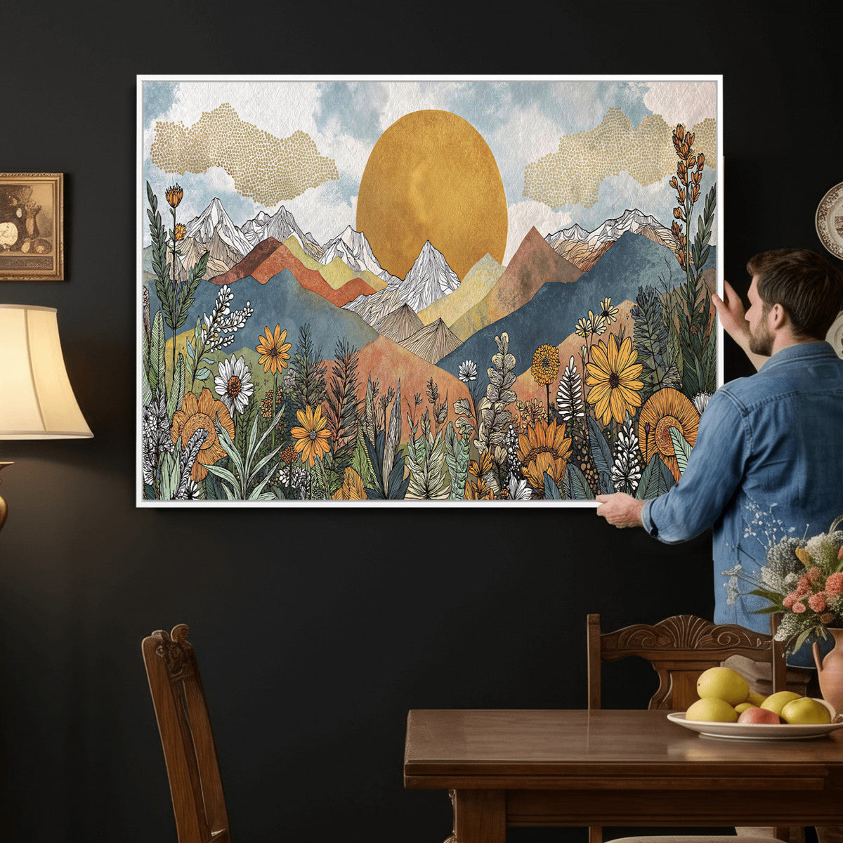 Boho Mountain Landscape Large Wall Art, Horizontal Gold Sun and Flowers Print