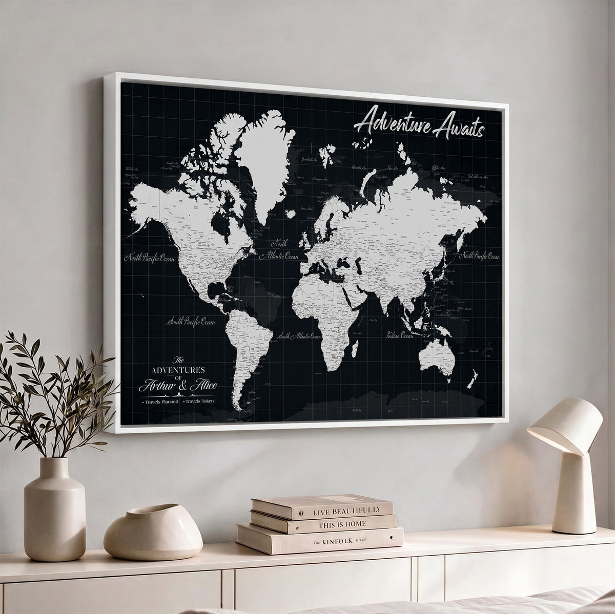 Personalized Black Push Pin Travel Map Canvas Print, Couples Countries Visited Map, Entryway and Hallway Decor