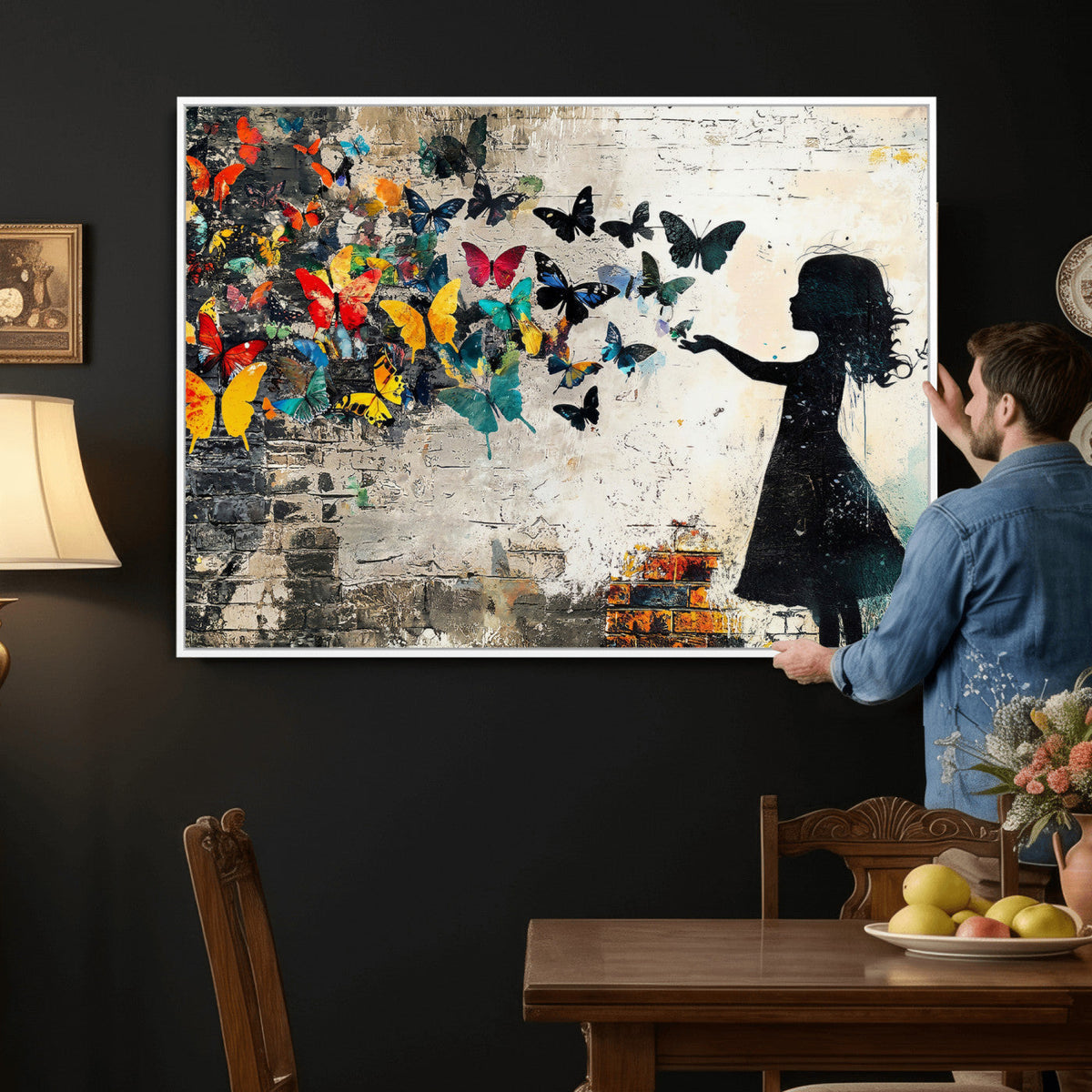 Banksy Butterfly Girl Wall Art Canvas Print, Framed Street Art