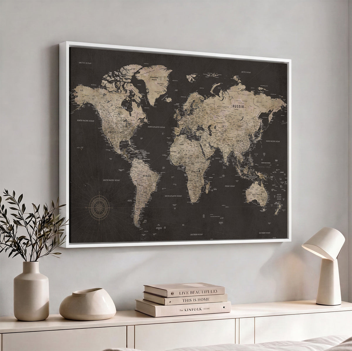 World Map Canvas Wall Art, Dark Charcoal and Antique Tan Detailed Map